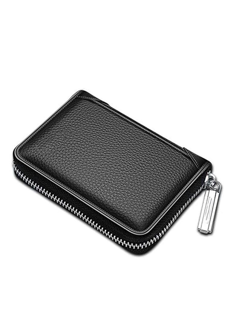 KASTWAVE Leather business card holder business card case credit card wallet men's wallet zipper leather RFID card holder zipper coin purse (black)  - Image 4