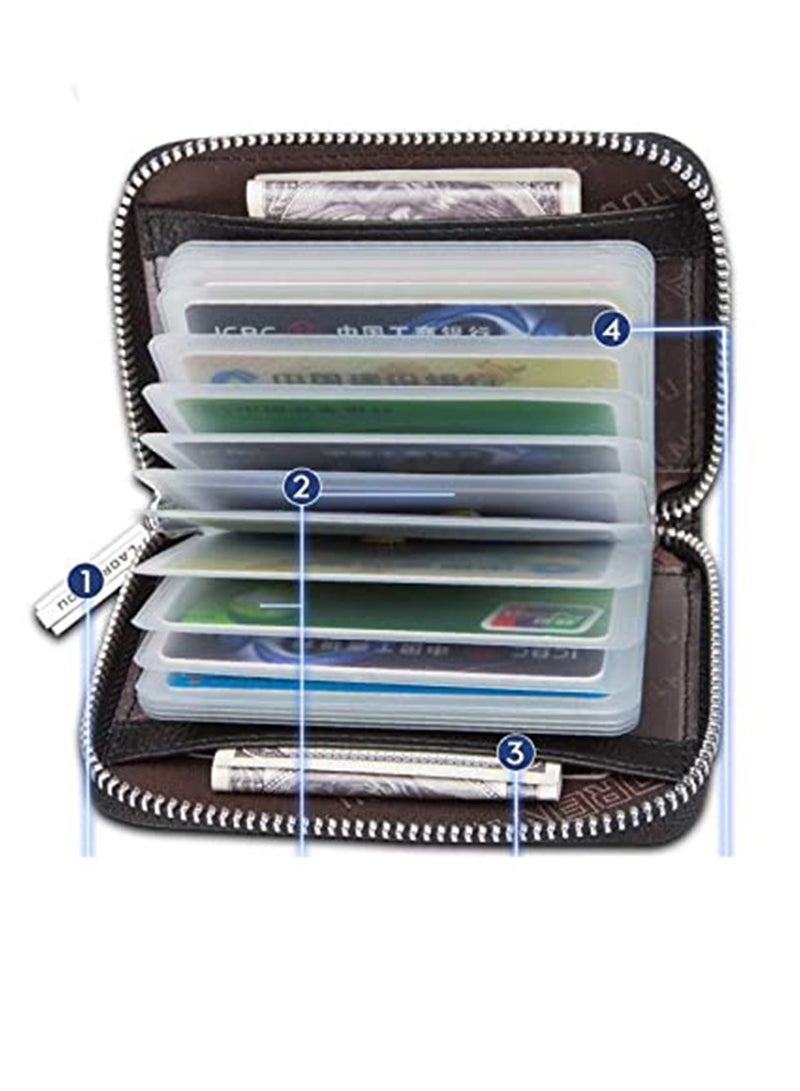 KASTWAVE Leather business card holder business card case credit card wallet men's wallet zipper leather RFID card holder zipper coin purse (black)  - Image 3