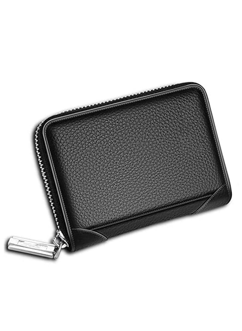 KASTWAVE Leather business card holder business card case credit card wallet men's wallet zipper leather RFID card holder zipper coin purse (black)  - Image 5