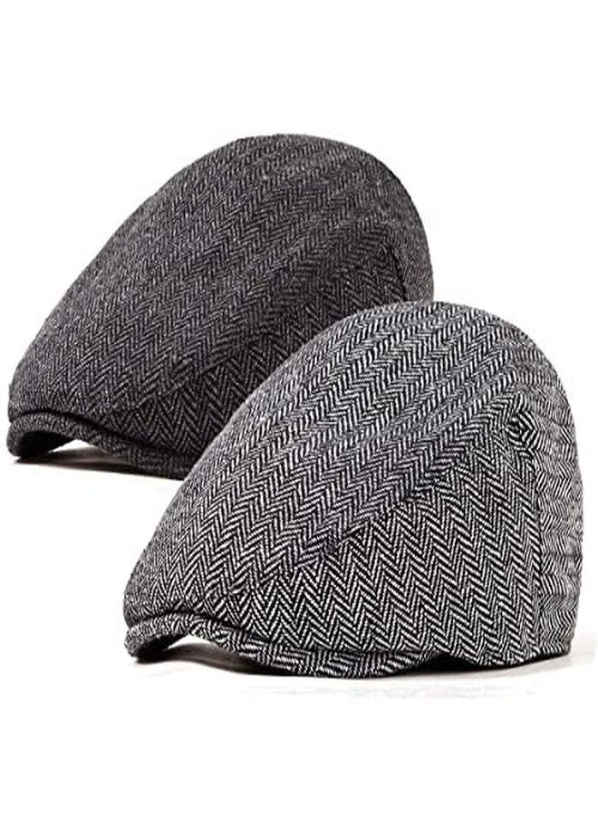 LADYBRO 2Pack Wool Blend Tweeed Newsboy Hat Men Flat Cap Fishing (Black+Grey, XL/XXL) - Image 4
