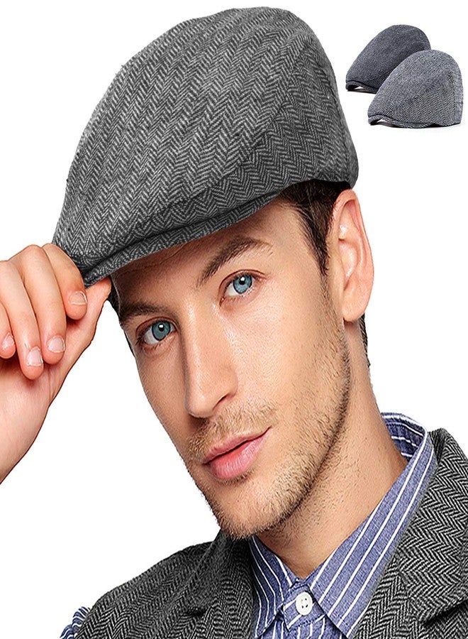 LADYBRO 2Pack Wool Blend Tweeed Newsboy Hat Men Flat Cap Fishing (Black+Grey, XL/XXL) - Image 1