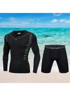 Generic Body Swimsuit Men's Swimming Trunks Long Summer Quick-drying Sunscreen Long Sleeve Trousers Split Hot Spring Beach Surfing Snorkeling Factory-Color:❥☆#∝〃★Cx Printed Long Sleeves + Black Tight Shorts☆❥-Size:❥☆Xl [ 70-80kg ]☆❥  - Image 1
