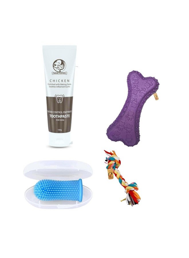 مجموعة العناية بالفم ومضغ الحيوانات الأليفة (عظمة الشوك، حبل بعقدتين، فرشاة أسنان من السيليكون ومعجون أسنان على شكل دجاج، 100 جرام) | مناسبة للكلاب الصغيرة والمتوسطة والجراء - Image 1
