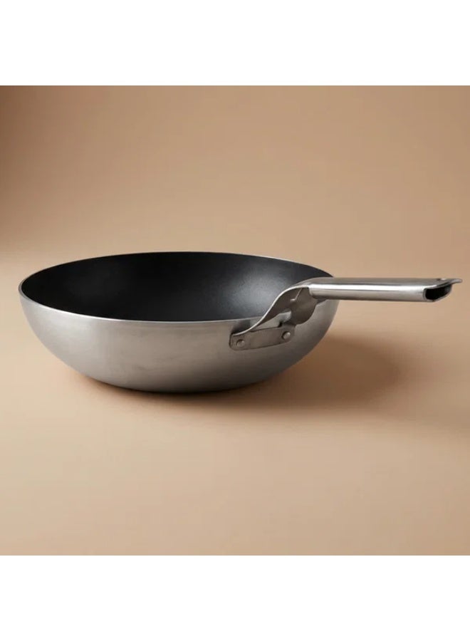 Hascevher Steel Wok, Steel Handle, 30 cm - Silver - Image 1