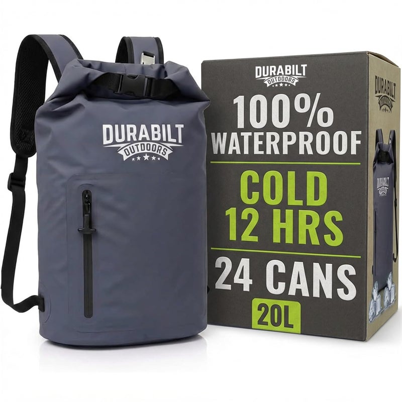 Durabilt 20L Waterproof Cooler Roll Top Backpack Sack, Heavy-Duty Soft Insulated Bag Doubles as Dry Bag, Holds 24 Cans...14+ with ice, Ideal for Boating, Fishing, Kayaking, Hiking, Beach, Camping - Image 1