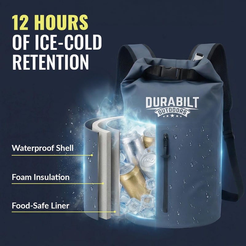 Durabilt 20L Waterproof Cooler Roll Top Backpack Sack, Heavy-Duty Soft Insulated Bag Doubles as Dry Bag, Holds 24 Cans...14+ with ice, Ideal for Boating, Fishing, Kayaking, Hiking, Beach, Camping - Image 3
