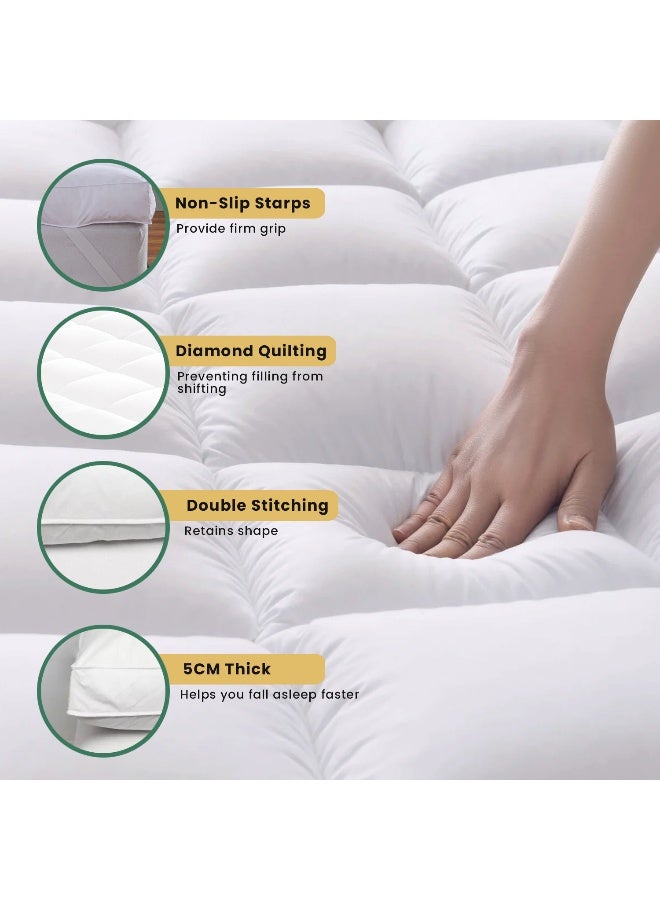 Rest Mattress Topper 200x200+8cm Thick 900GSM Filling and Plush Brushed Fabric with 4-Side Elastic Bands for Secure Fit White Extra Thick Bed Topper Fluffy Super Soft Topper - Image 4