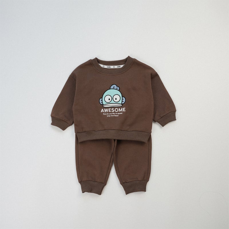 Japanese-style Cartoon Babys Autumn Clothes Class A Cartoon Childrens suit Embroidered Cute Sweatshirt Sweatpants Two-piece Set Coffee 