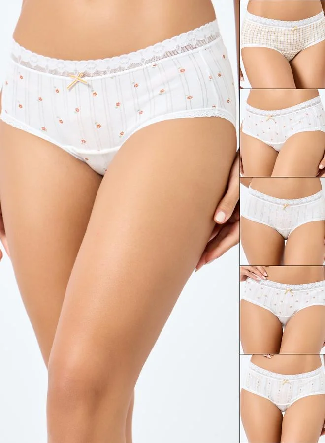 Styli Styli Set of 5 - Floral Print Cotton Briefs with Lace Trim