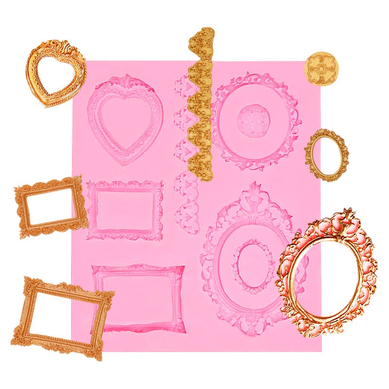 European Style Mirror Frame Fondant Molds for Cake Decorating Baroque Embossed Love Heart Photo Silicone Mold for Wedding Cake Decorating Candy Sugar Craft Cupcake Toppers
