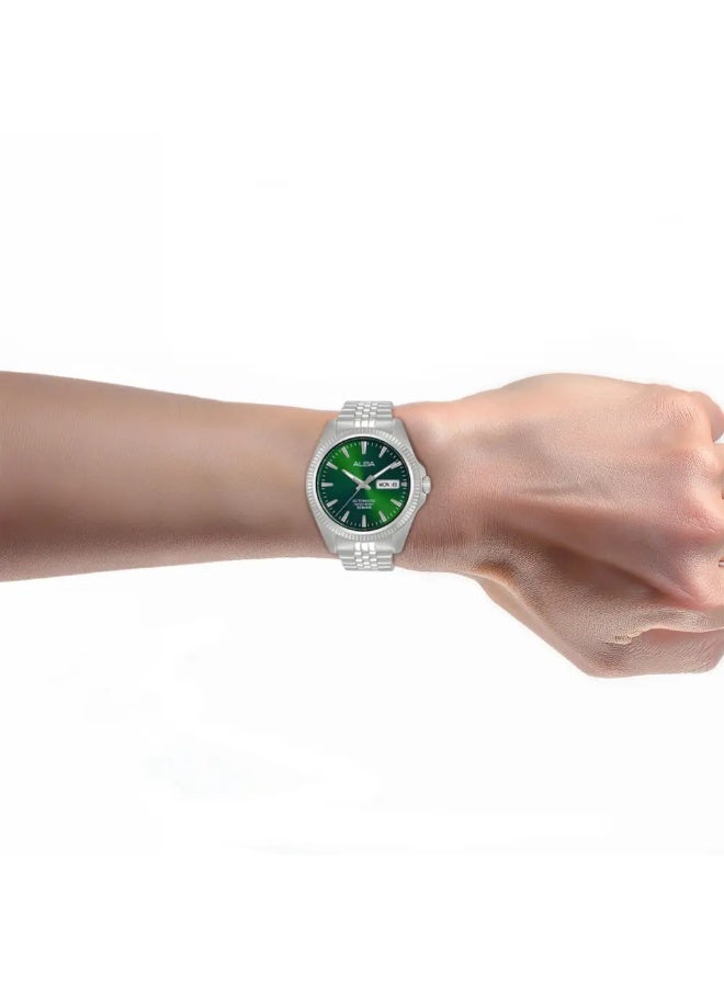 Alba AL4785X1 Automatic Men's Watch | Green Sunray Dial | Stainless Steel Bracelet | Day-Date | Exhibition Case Back | 100M Water Resistant | 41mm - Image 3