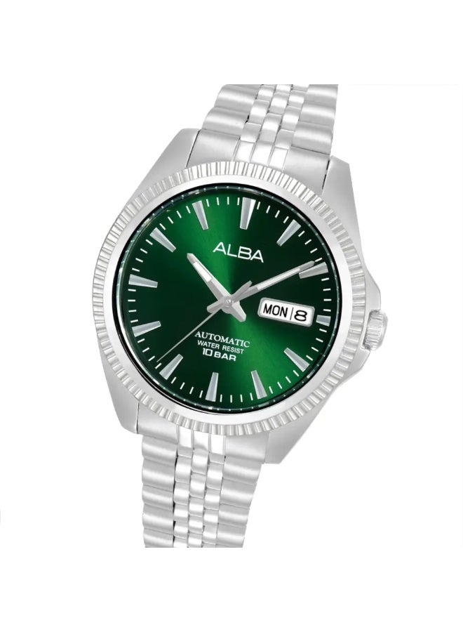 Alba AL4785X1 Automatic Men's Watch | Green Sunray Dial | Stainless Steel Bracelet | Day-Date | Exhibition Case Back | 100M Water Resistant | 41mm - Image 2