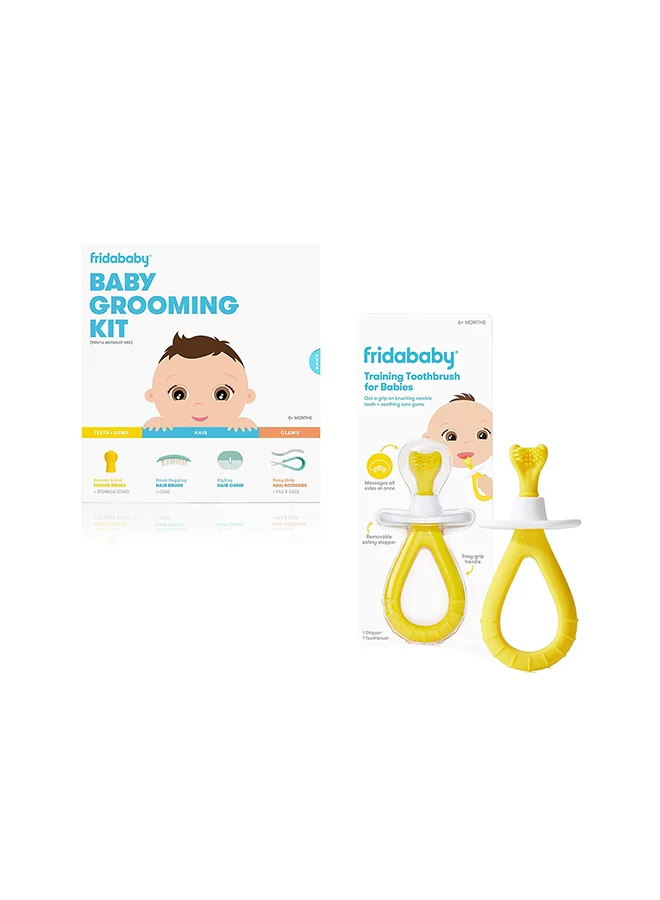 فريدا بيبي Baby Grooming Kit by Includes Finger Brush with Storage Stand, Hair Brush with Case Styling Hair Comb, Easy Grip Nail Scissors with Nail File and Case And Training Toothbrush For Babies with