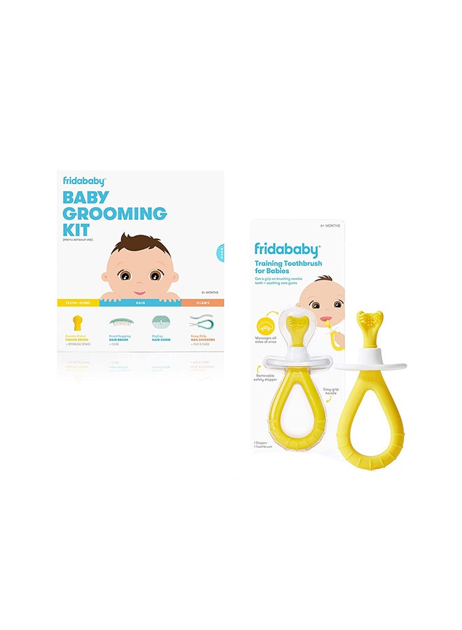 fridababy طقم العناية بالرضع يتضمن فرشاة أصابع مع حامل تخزين، فرشاة شعر مع علبة، مشط تصفيف الشعر، مقص أظافر سهل الإمساك مع ملف أظافر وعلبة، وفرشاة أسنان تدريبية للأطفال الرضع. - Image 1