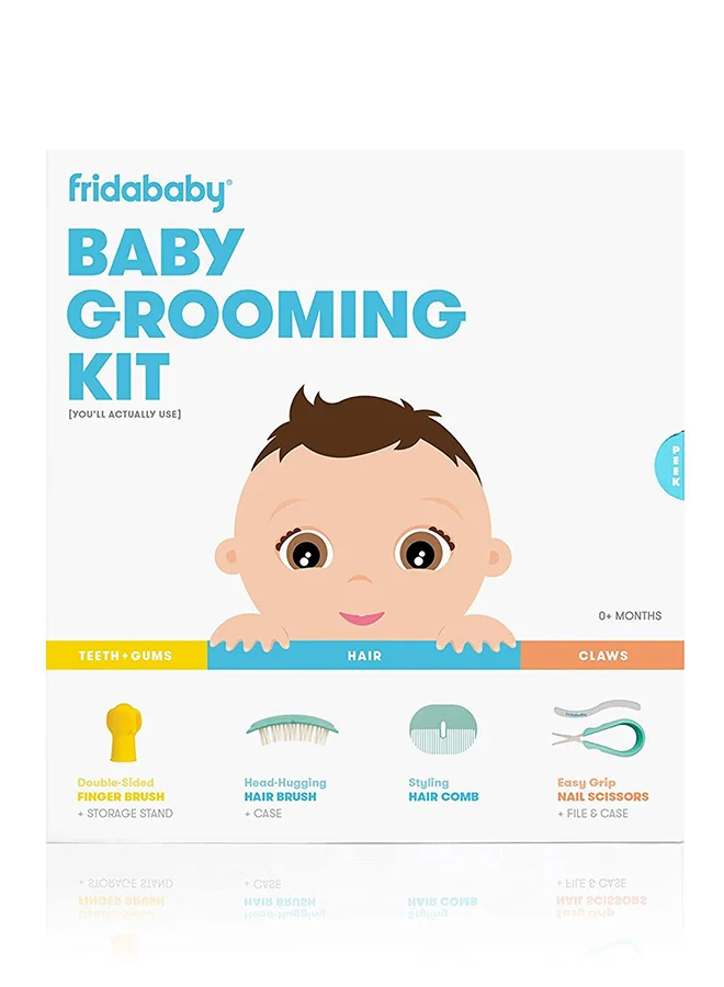 فريدا بيبي Baby Grooming Kit by Includes Finger Brush with Storage Stand, Hair Brush with Case Styling Hair Comb, Easy Grip Nail Scissors with Nail File and Case And Training Toothbrush For Babies with