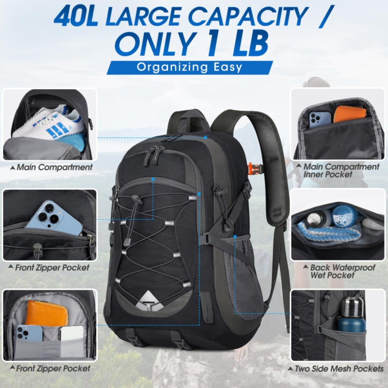 IGOLUMON Hiking Backpack 40L Packable Lightweight Camping Backpack Men Women Waterproof Hiking Daypack Outdoor Travel Daypack,Black - Image 5