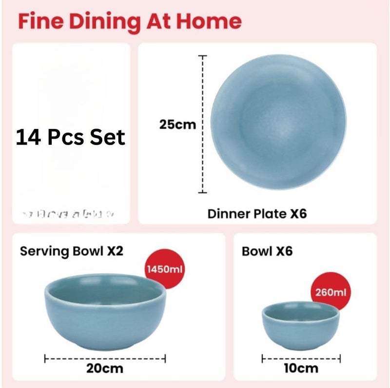 Homestic 14 Pcs Ceramic Dinner Set | Dishwasher & Microwave Safe | Crockery Set for Dining & Gifting | 6 Pcs Dinner Plates & 2 Pcs Serving Bowl & 6 Pcs Bowl | Blue - Image 4