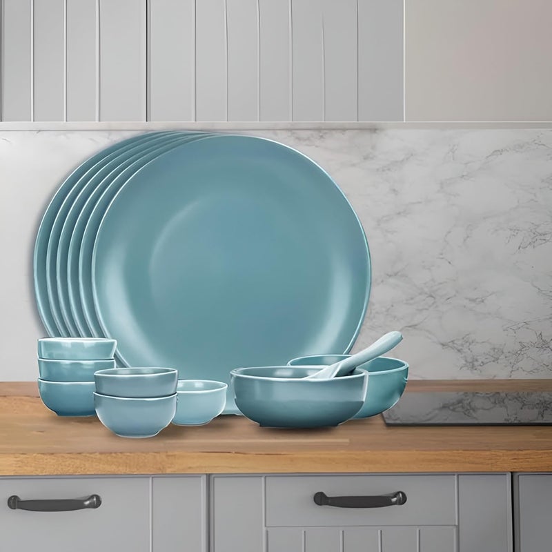 Homestic 14 Pcs Ceramic Dinner Set | Dishwasher & Microwave Safe | Crockery Set for Dining & Gifting | 6 Pcs Dinner Plates & 2 Pcs Serving Bowl & 6 Pcs Bowl | Blue - Image 5