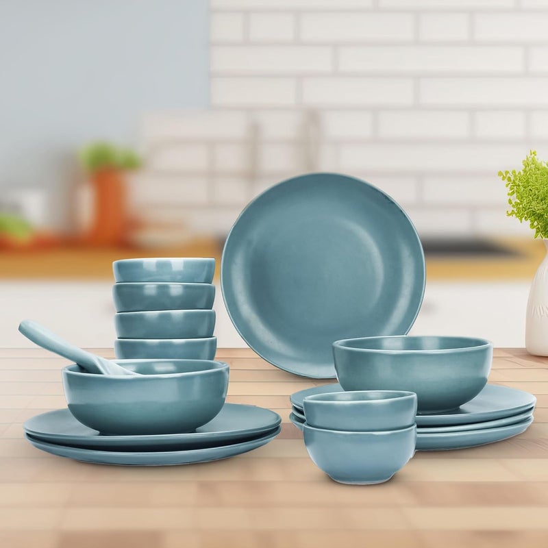 Homestic 14 Pcs Ceramic Dinner Set | Dishwasher & Microwave Safe | Crockery Set for Dining & Gifting | 6 Pcs Dinner Plates & 2 Pcs Serving Bowl & 6 Pcs Bowl | Blue - Image 1