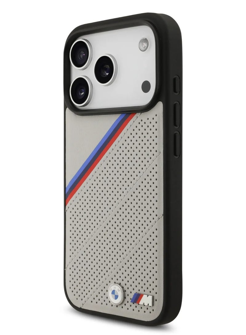 بي إم دبليو جراب آيفون  برو ماج سيف بغطاء جلد بولي يوريثان وخطوط مائلة ثلاثية الألوان وشعارات معدنية رمادي - Image 3