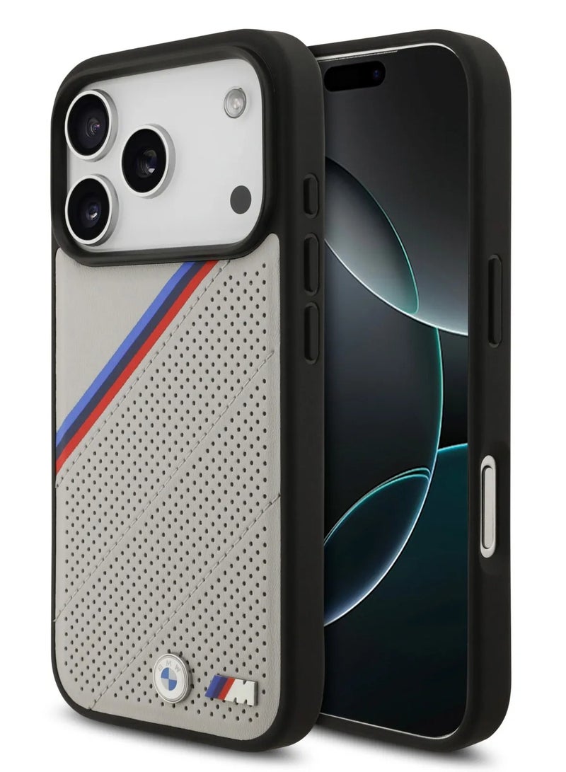 بي إم دبليو جراب آيفون  برو ماج سيف بغطاء جلد بولي يوريثان وخطوط مائلة ثلاثية الألوان وشعارات معدنية رمادي - Image 2