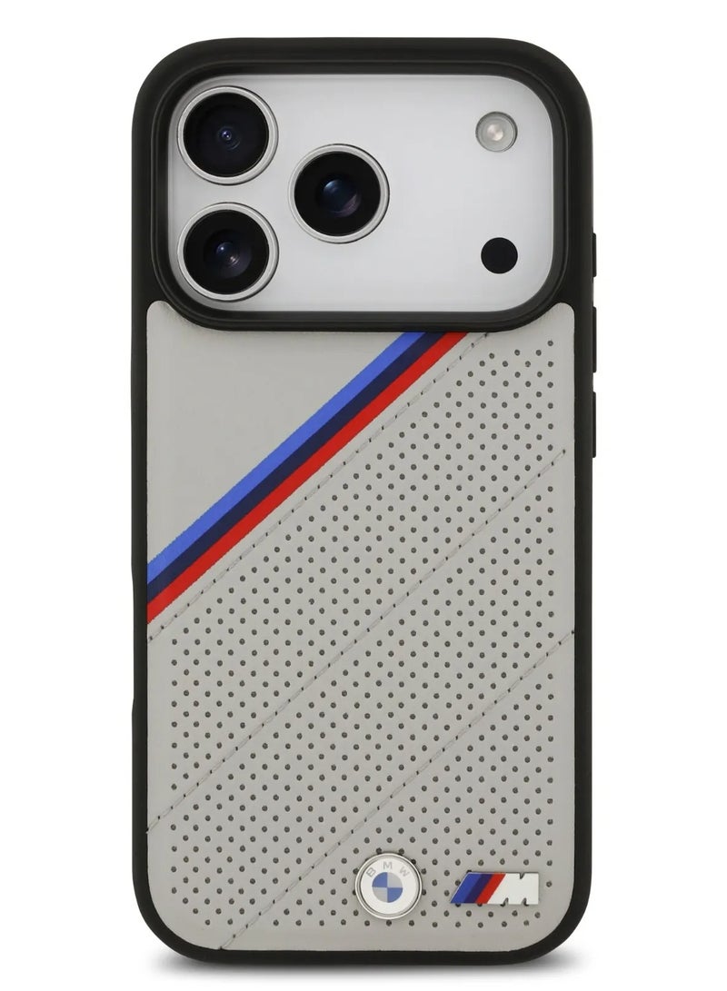 بي إم دبليو جراب آيفون  برو ماج سيف بغطاء جلد بولي يوريثان وخطوط مائلة ثلاثية الألوان وشعارات معدنية رمادي - Image 1