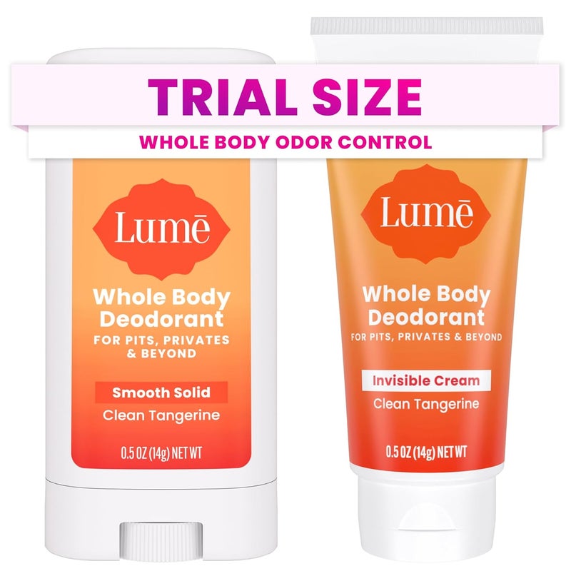 Lume Whole Body Deodorant - Invisible Cream + Solid Stick Mini Bundle - 72 Hour Odor Control - Aluminum & Baking Soda Free, Skin Loving - 0.5 Ounce Each - Travel, Trial Size Minis (Clean Tangerine)