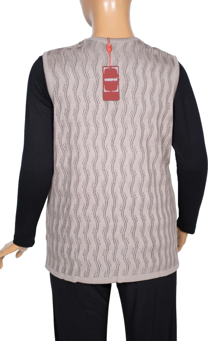 Hesna Women's Gizem Openwork Pocket Stone Beige Knit Vest