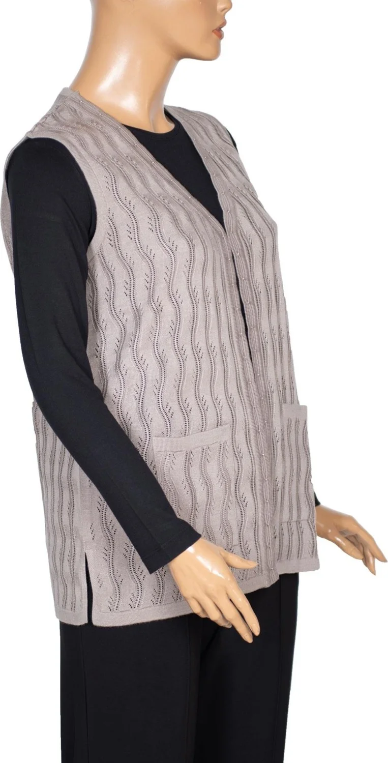 Hesna Women's Gizem Openwork Pocket Stone Beige Knit Vest