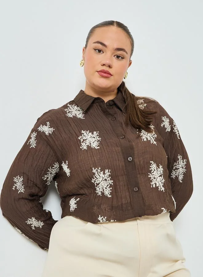 Styli Plus Size Embroidered Long Sleeve Shirt