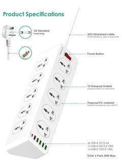 JBQ 10 Way Power Extension Cord Surge Protector Strip Heavy Duty Universal Electrical Socket 5x USB-A 1x USB-C PD 30W Total 2M Cable  - Image 2