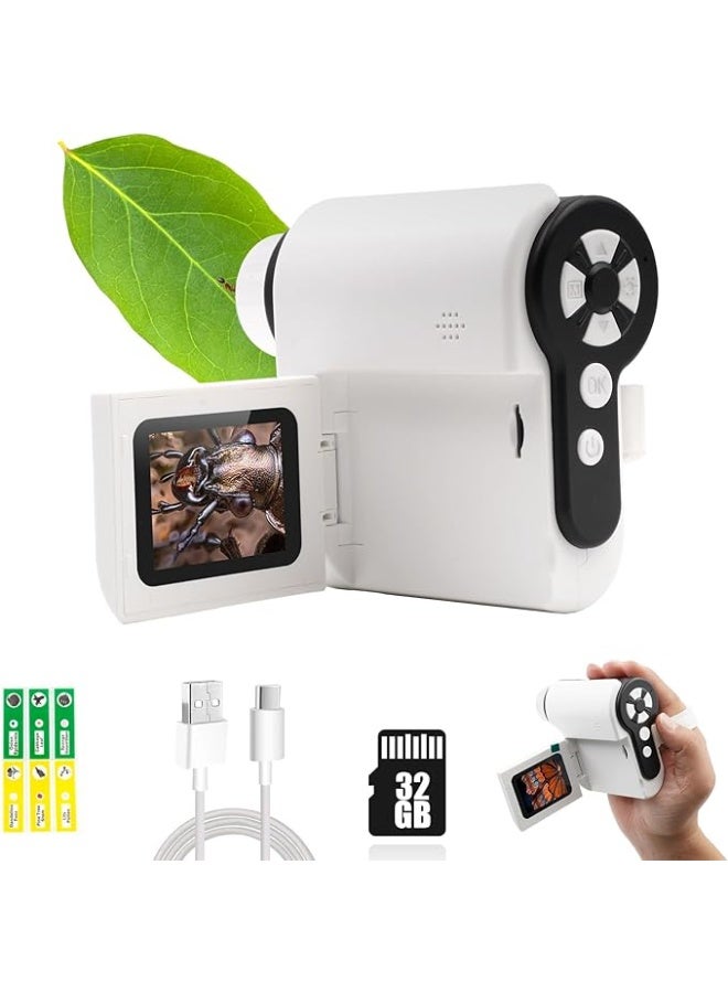 Pocket microscope for children, 2-inch LCD screen digital microscope camera, 32G, 100x-1000x handheld microscope, with 6 LED lights, suitable as a birthday gift for boys and girls aged 6-12 (white). - Image 1