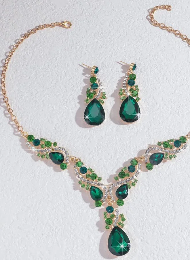 تايك تو طقم مجوهرات قلادة وأقراط مزينة بدلاية حجر راين قطعتين