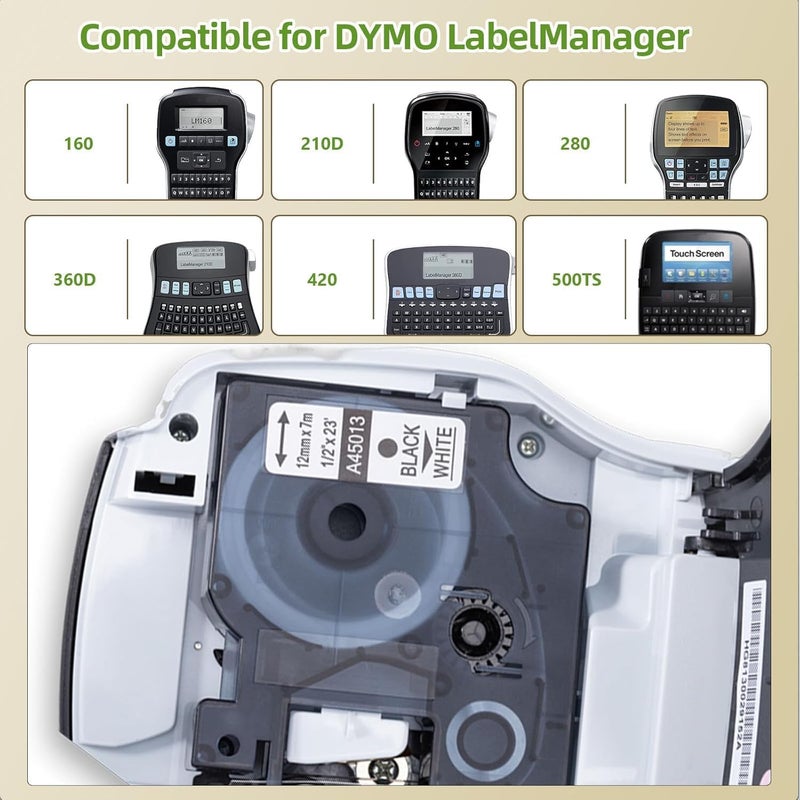 لايبل كينجدوم ملصقات متوافقة مع علامة KINGDOM بديلة لشريط ملصقات DYMO D1 إعادة تعبئة 45013 S0720530، مقاس 1/2 بوصة 23 قدمًا باللون الأسود على الأبيض لآلة صنع الملصقات Dymo LabelManager 160 210D 260P 450D، عبوة من 4 قطع - Image 3