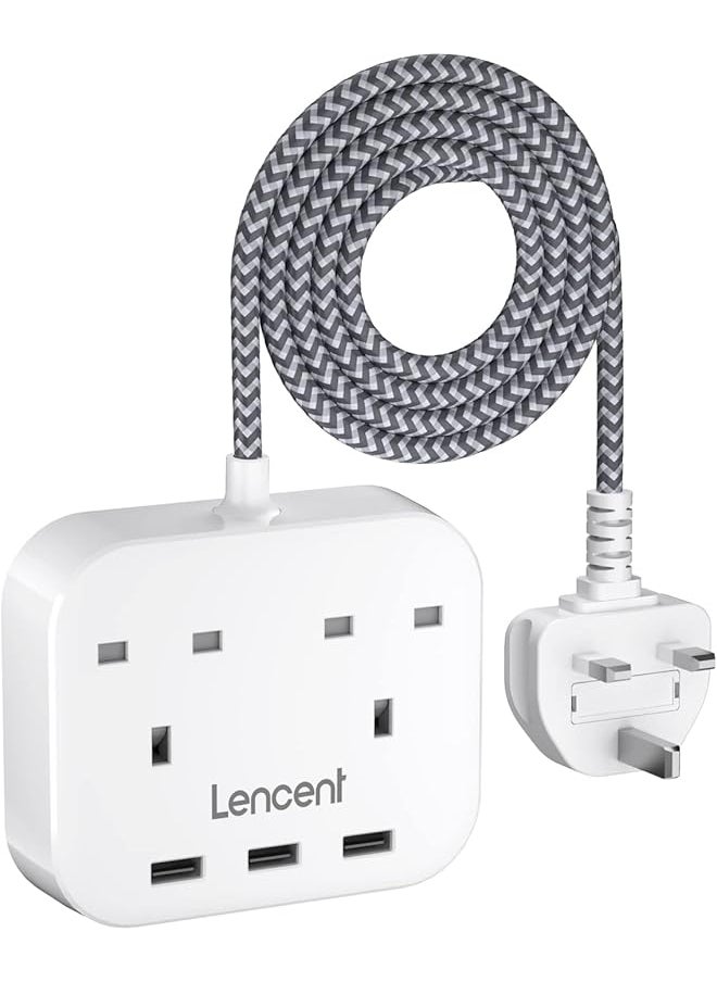 Lencent LENCENT Extension Lead with USB Ports, 2 Way Outlets Power Strip with 3 USB Ports, Multi Plug Charging Station with 1.8M Braided Extension cord for Home Office Hotel  - Image 1