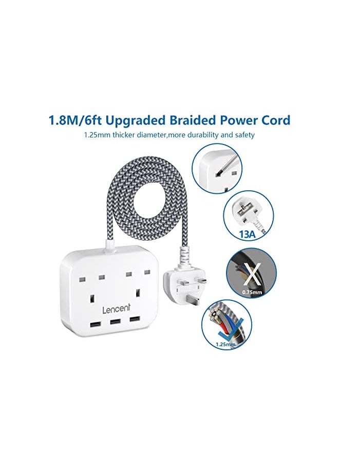 Lencent LENCENT Extension Lead with USB Ports, 2 Way Outlets Power Strip with 3 USB Ports, Multi Plug Charging Station with 1.8M Braided Extension cord for Home Office Hotel  - Image 5