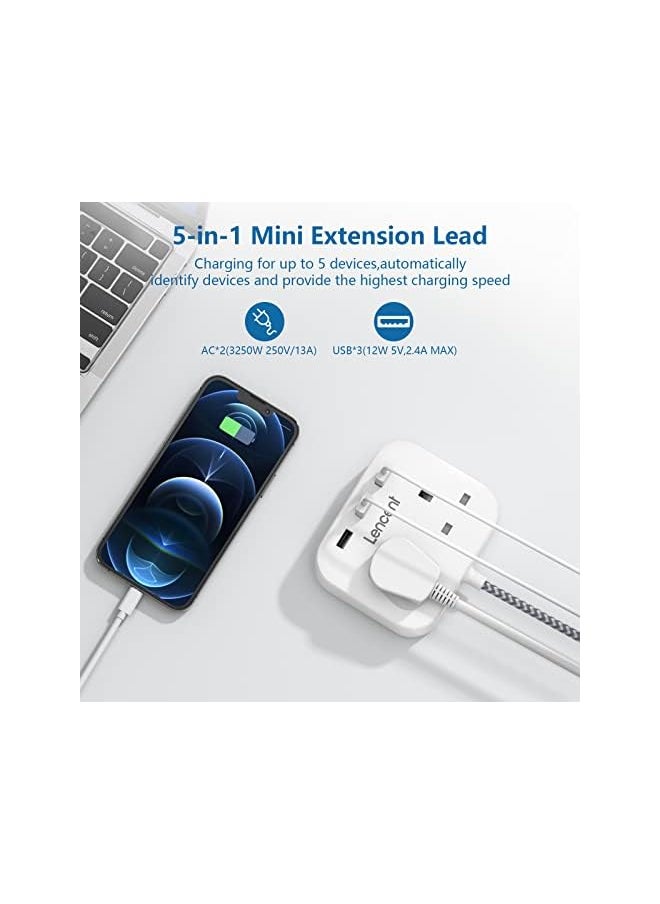 Lencent LENCENT Extension Lead with USB Ports, 2 Way Outlets Power Strip with 3 USB Ports, Multi Plug Charging Station with 1.8M Braided Extension cord for Home Office Hotel  - Image 2