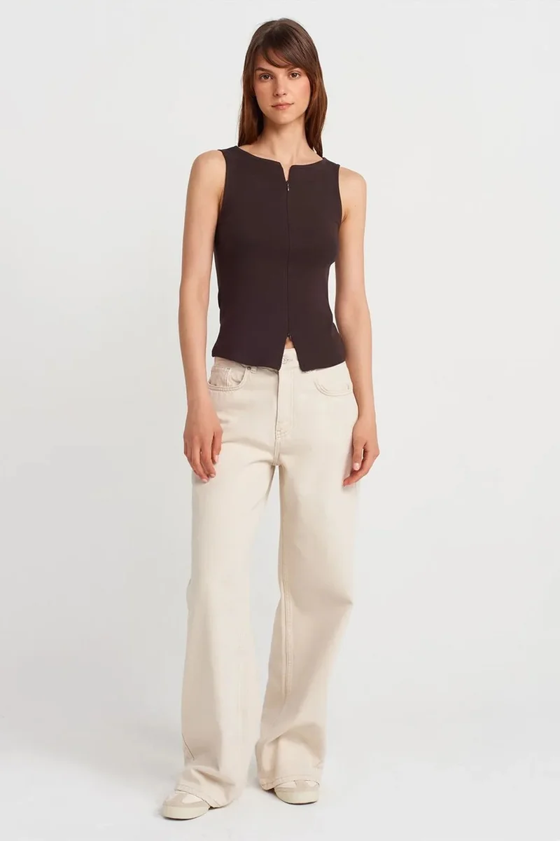 Dilvin Coffee Brown DILVIN Sleeveless Slim-Fit Jersey Blouse With Zip for Women | Best Price UAE
