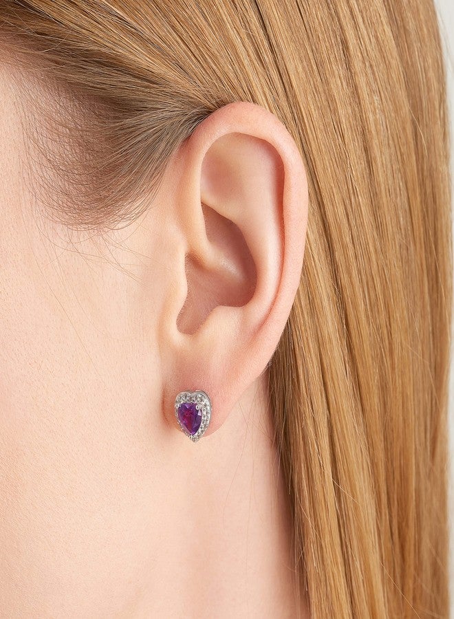 مورجان آند بايدج طقم مجوهرات مورغان آند بيج من الفضة الإسترليني عيار 925 المطلية بالروديوم، مرصع بحجر الجمشت الطبيعي والياقوت الأبيض على شكل قلب محاط بهالة من الأحجار الكريمة - قلادة بطول 18 بوصة، وخاتم مقاس 7، وأقراط مرصعة للنساء، حجر بخت شهر فبراير - Image 3