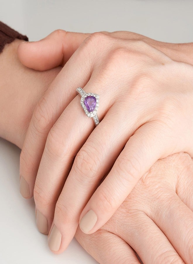 مورجان آند بايدج طقم مجوهرات مورغان آند بيج من الفضة الإسترليني عيار 925 المطلية بالروديوم، مرصع بحجر الجمشت الطبيعي والياقوت الأبيض على شكل قلب محاط بهالة من الأحجار الكريمة - قلادة بطول 18 بوصة، وخاتم مقاس 7، وأقراط مرصعة للنساء، حجر بخت شهر فبراير - Image 4