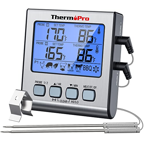 ThermoPro TP17 Dual Probe Digital Cooking Meat Thermometer Large LCD Backlight Food Grill Thermometer with Timer Mode for Smoker Kitchen Oven BBQ, Silver - Image 1