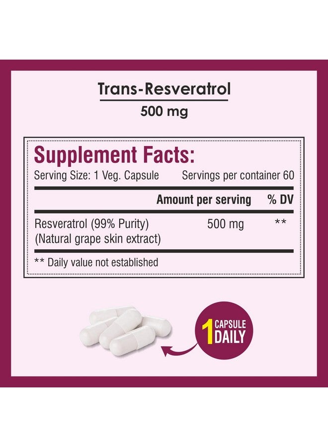 Biotrex Nutraceuticals Biotrex Nutraceuticals Resveratrol 500mg Supplement, 99% High Purity Grade, Antioxidant, Supports Blood Sugar Levels & Healthy Heart - 60 Veg Capsules  - Image 4