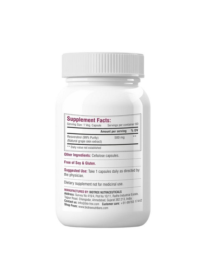 Biotrex Nutraceuticals Biotrex Nutraceuticals Resveratrol 500mg Supplement, 99% High Purity Grade, Antioxidant, Supports Blood Sugar Levels & Healthy Heart - 60 Veg Capsules  - Image 2