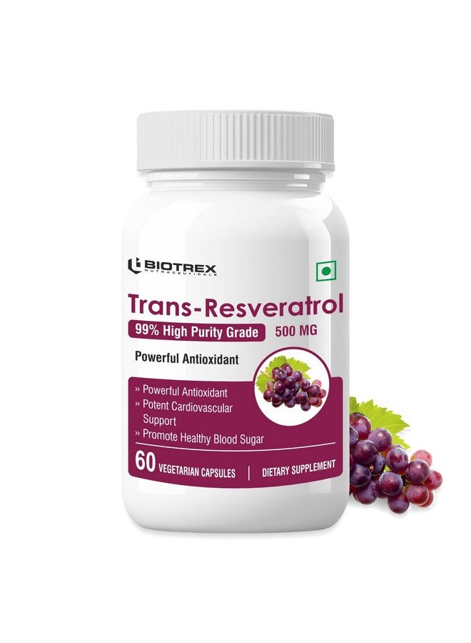 Biotrex Nutraceuticals Biotrex Nutraceuticals Resveratrol 500mg Supplement, 99% High Purity Grade, Antioxidant, Supports Blood Sugar Levels & Healthy Heart - 60 Veg Capsules  - Image 1