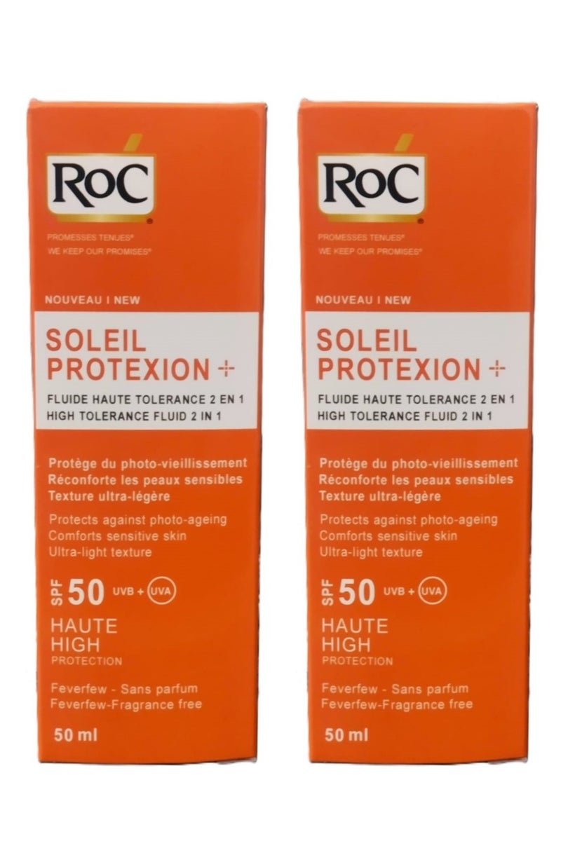 RoC 2Pcs RoC Sun Protection 2 In1 High Tolerance Fluid SPF 50 50ml - Image 1