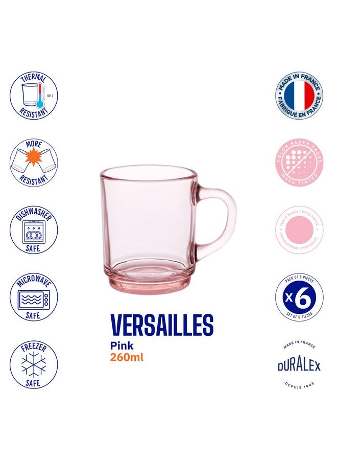 Duralex® Versailles Pink Tempered Glass Mugs | 260ml Set of 6 | Ultra-Resistant, Stackable Coffee & Tea Mugs | Microwave & Dishwasher Safe | Giftable Mug Set - Image 3