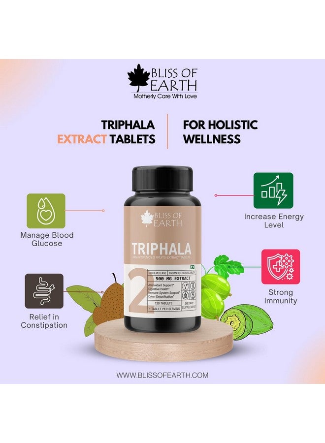 Bliss of Earth High Potency Triphala Extract Tablets 500mg With Quick Release & Enhanced Bioavailability, Digestive Health & Constipation Relief Support, 120 Tablets - Image 2