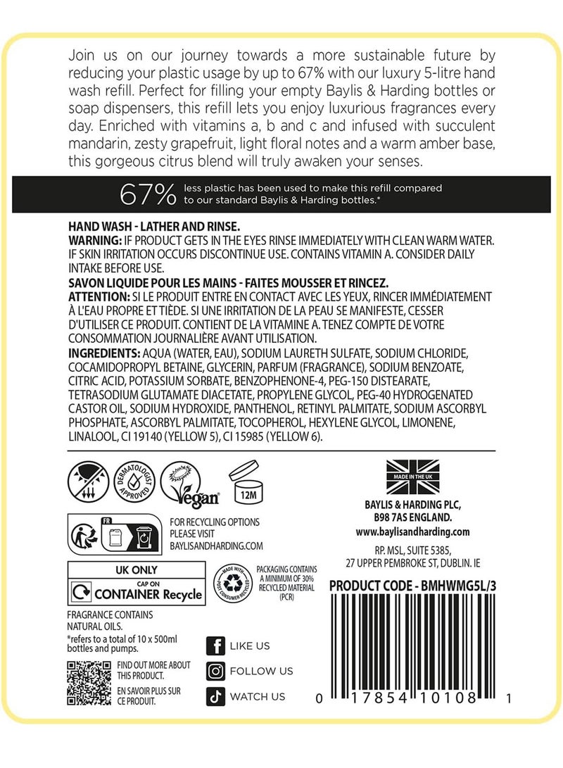 Baylis & Harding Sweet Mandarin and Grapefruit Hand Wash Refill, 5 Litre | Enriched with Natural Oils and Vitamins A, B and C | Moisturising Liquid Hand Soap | Vegan and Cruelty-Free | Economy Refill Pack - Image 5