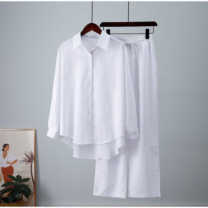 European and American Cross-border 2023 Amazon Autumn and Winter New Pleated Solid Color Loose Shirt Wide Leg Pants Casual Suit Women White
