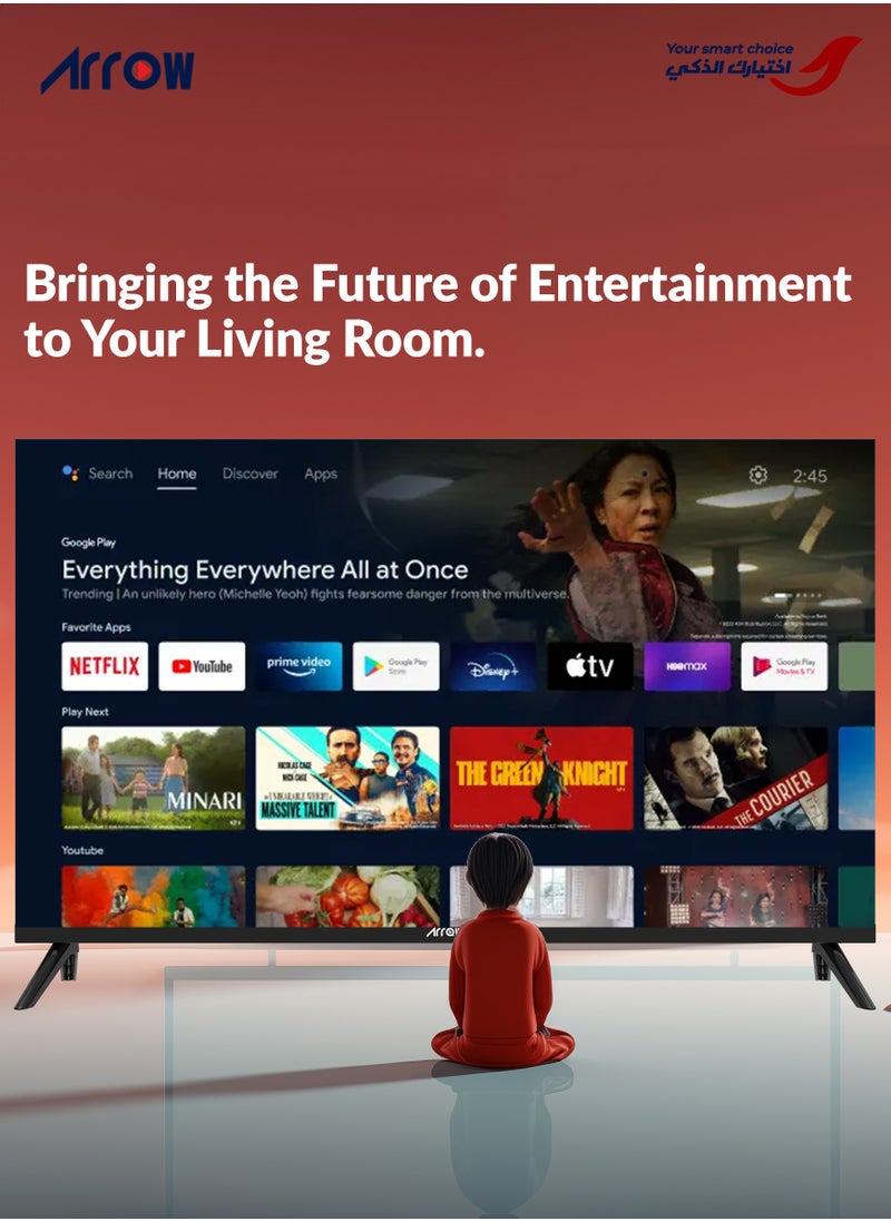 ARRQW - 43 Inch Full HD Smart LED TV with Android 14, 1920x1080 Resolution, 5000:1 Contrast, 16:9 Aspect Ratio, 60Hz Refresh Rate, 2 HDMI (including HDMI 2.1) & 2 USB Ports, Screen Casting, Wi-Fi, Stereo Sound, Wall Stand | Model Name: RO-43LPS - Image 1